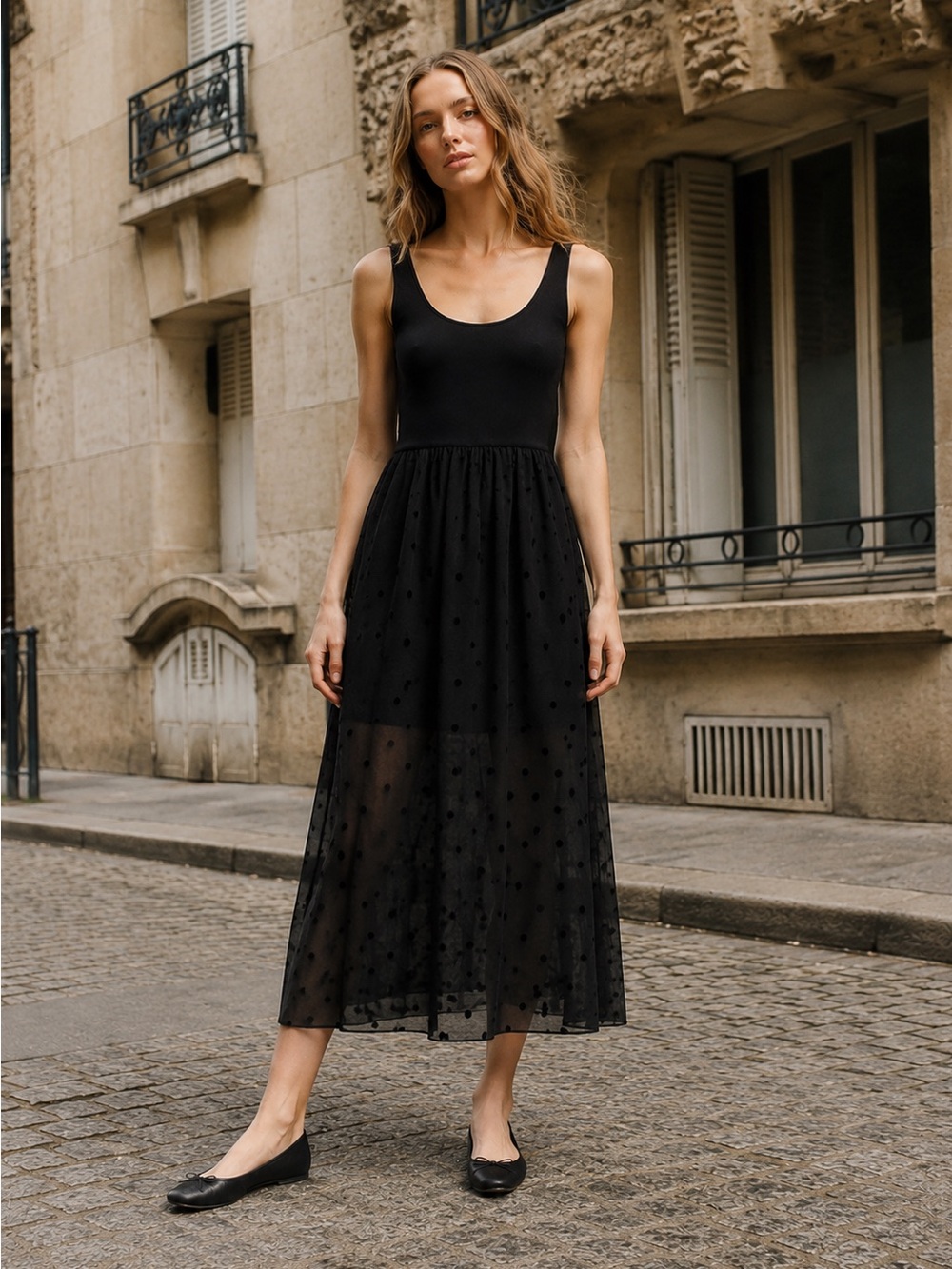 Tammy Tangs Black Polka Dot Mesh Midi Dress Sleeveless Layered Size M Y2K Sheer